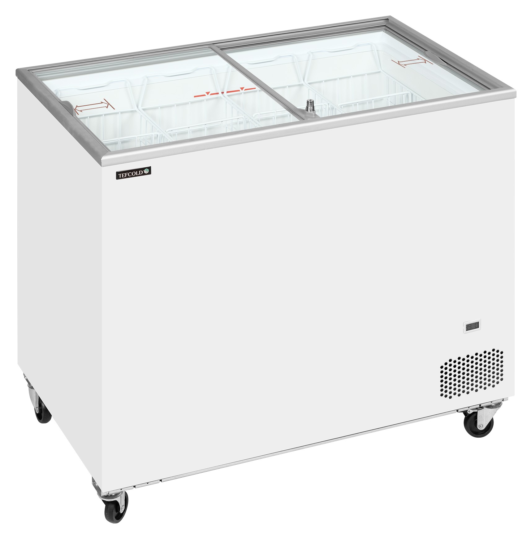 Congélateur coffre professionnel couvercles coulissants vitrés plats 255 litres 4 roulettes freins - IC302SC - Tefcold