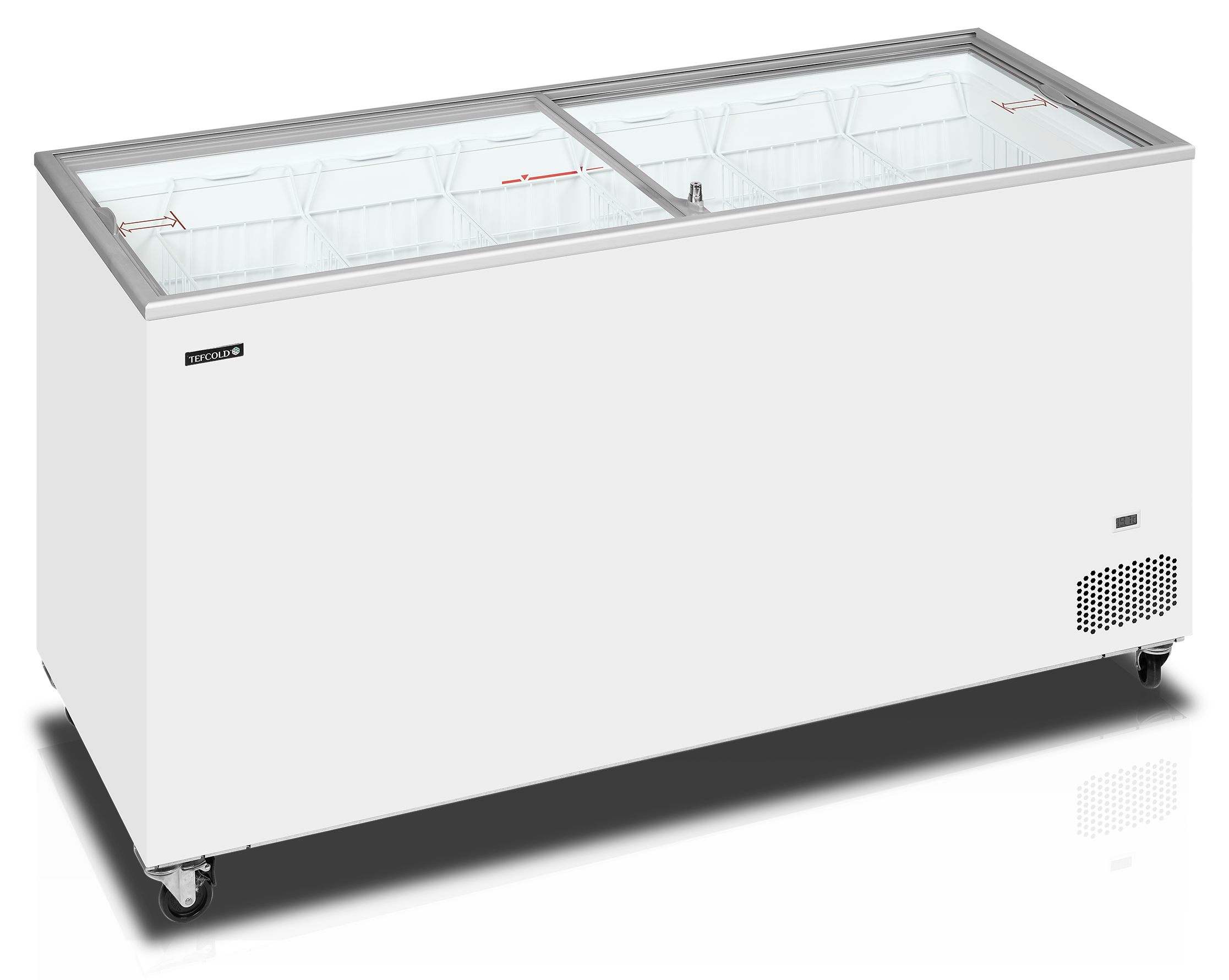 Congélateur coffre professionnel couvercles coulissants vitrés plats 430 litres capacité nette 4 roulettes freins - IC502SC - Tefcold