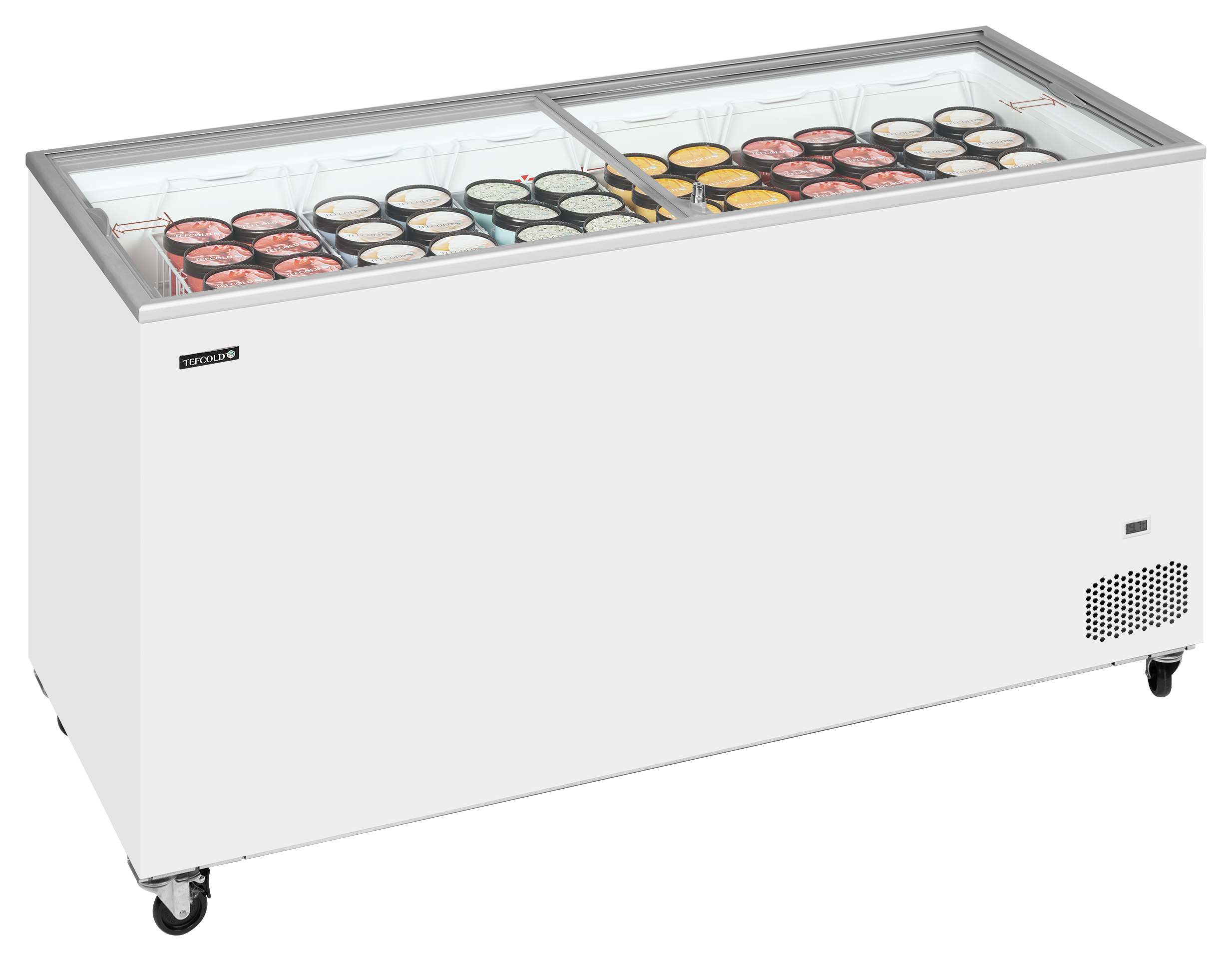 Congélateur coffre professionnel couvercles coulissants vitrés plats 430 litres capacité nette 4 roulettes freins - IC502SC - Tefcold en cuisine professionnelle