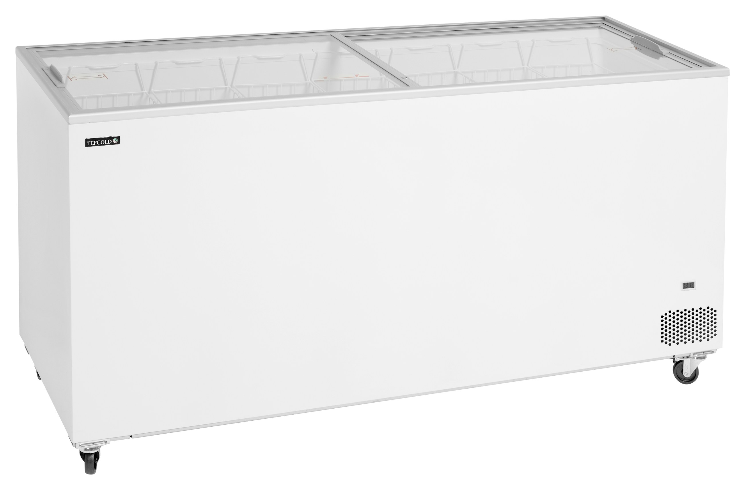Congélateur coffre professionnel couvercles coulissants vitrés plats 486 litres négatif 4 roulettes freins - IC552SC - Tefcold
