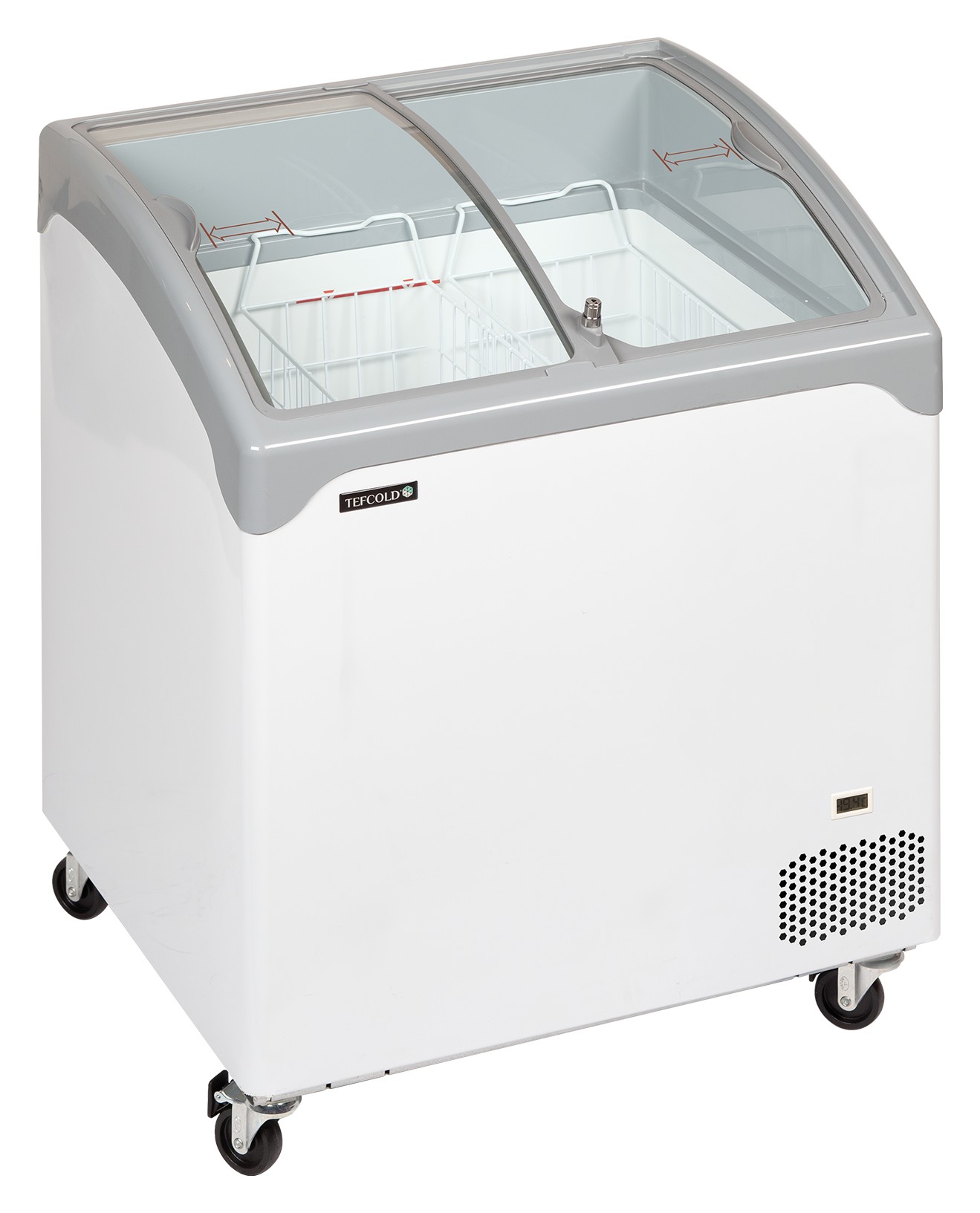 Congélateur coffre professionnel couvercles coulissants vitrés bombés 126 litres capacité nette négatif 4 roulettes freins - NIC202SCEB - Tefcold