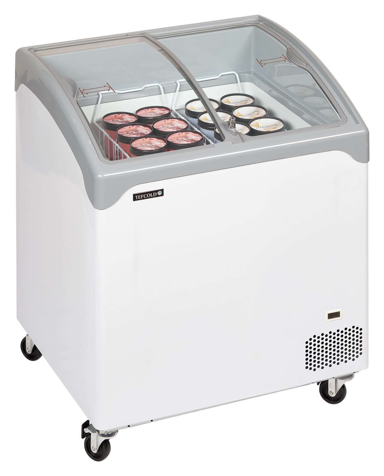 Congélateur coffre professionnel couvercles coulissants vitrés bombés 126 litres capacité nette négatif 4 roulettes freins - NIC202SCEB - Tefcold en cuisine professionnelle