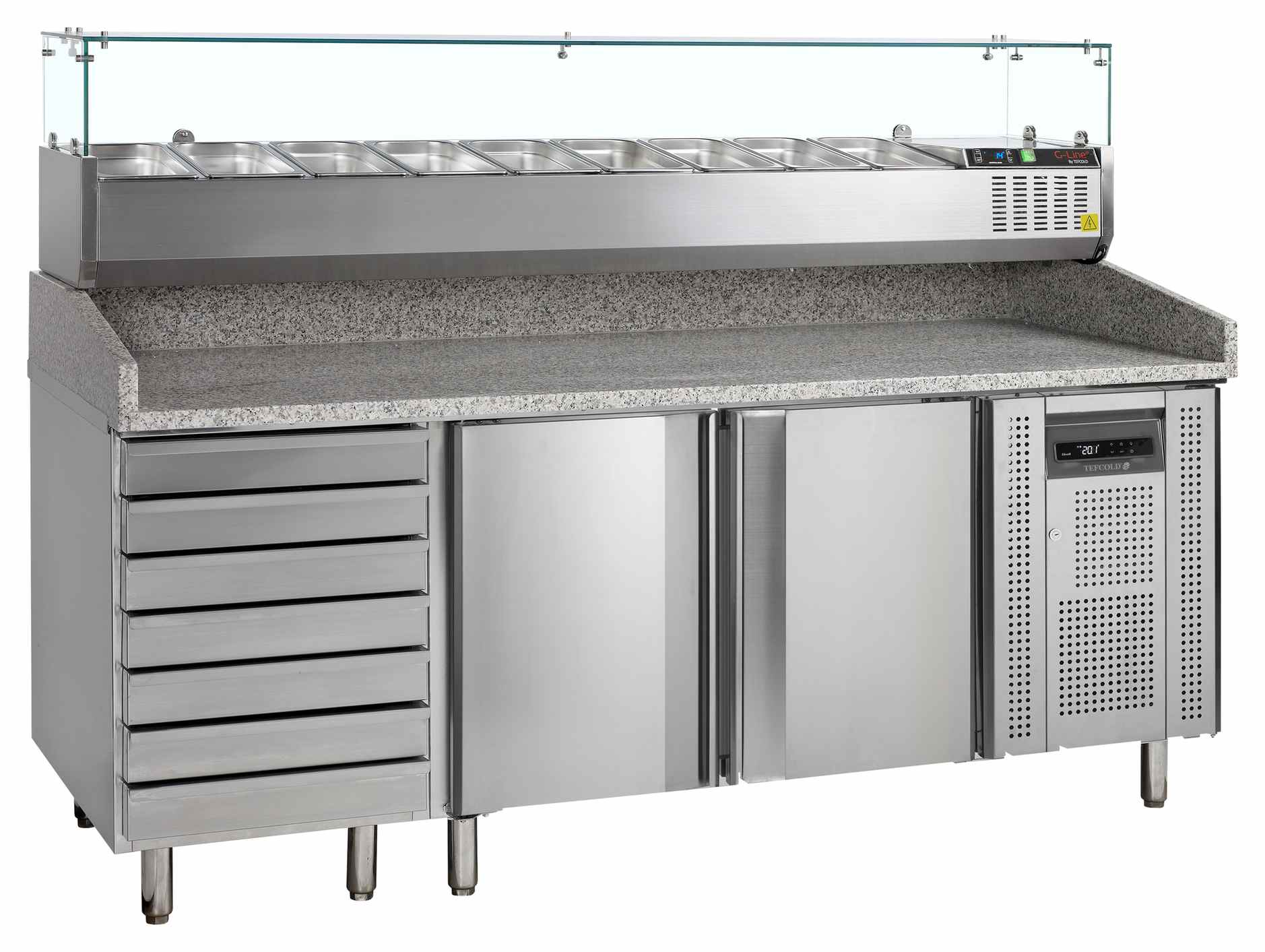 Comptoir à pizza professionnel avec dessus en granite, 2 portes à température ambiante, positif - PT1310 + GVC38-200 - Tefcold