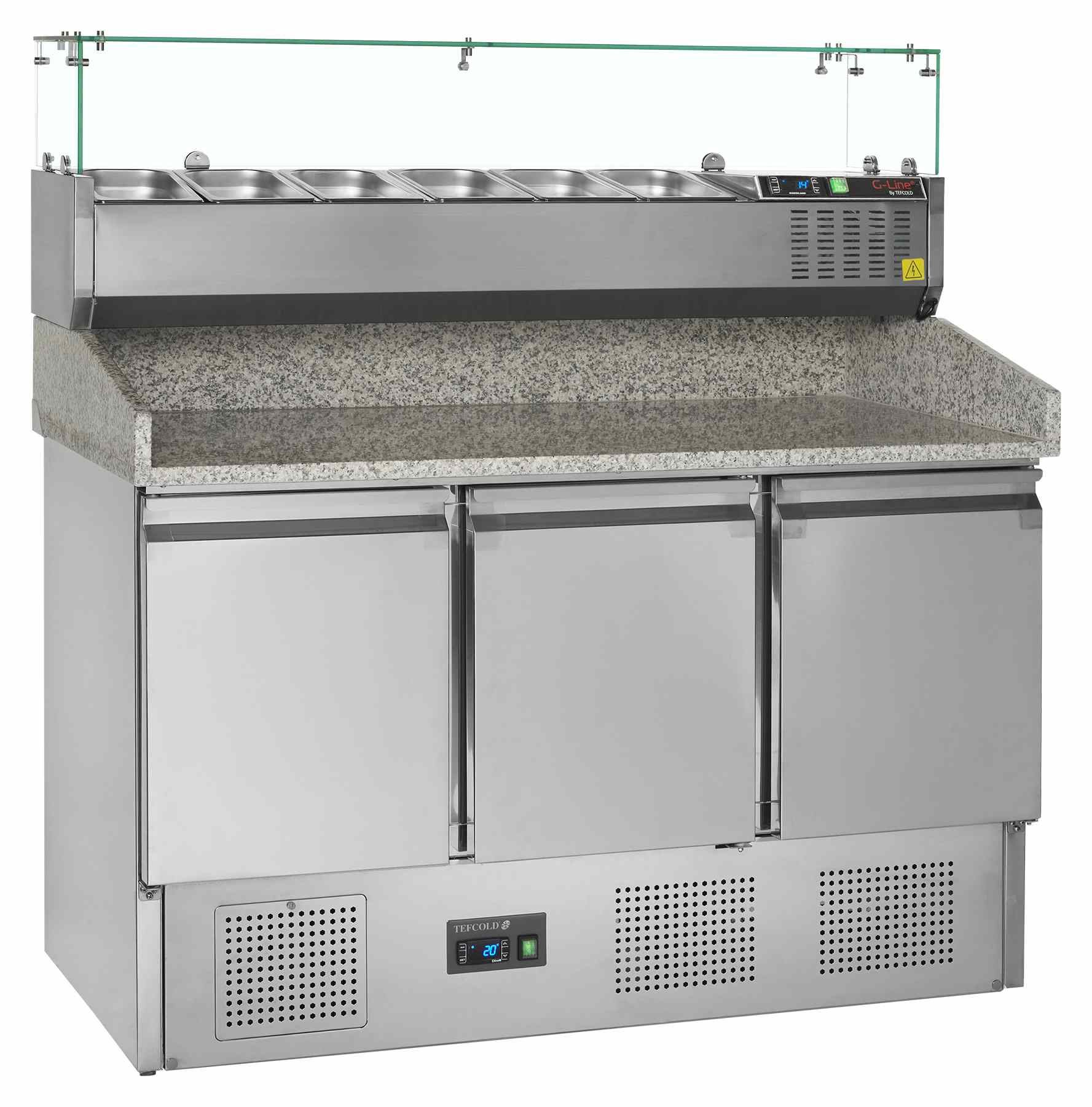 Table à pizza professionnelle avec dessus en granite 3 portes pleines positive - PT1365 + GVC33-140 - Tefcold